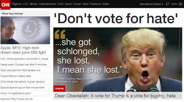 CNN网站首页批特朗普：嘴脸这么丑怎配当总统