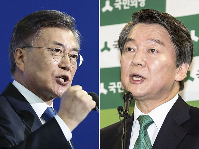 韩国总统竞选大热门:文在寅(左)和安哲秀。(新华/美联)