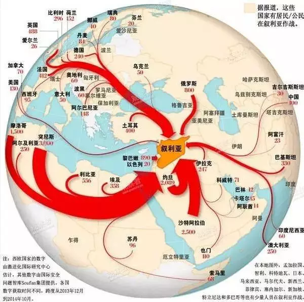 全球参与isis组织的人员分布图(图片来源于网络)