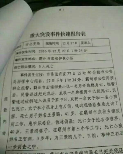 河北霸州东段乡纪委书记坠楼身亡 妻儿均死于家中
