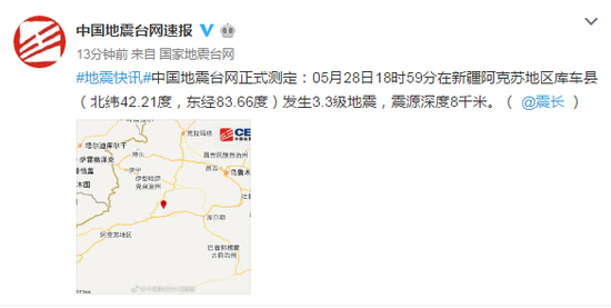 新疆阿克苏库车县发生3.3级地震 震源深度8千米图片