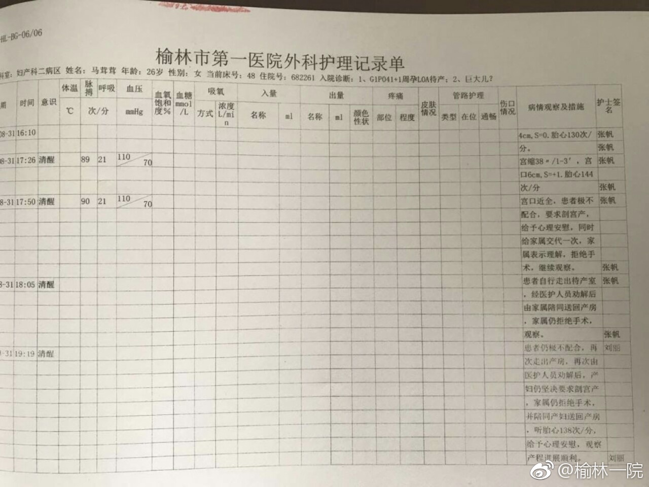 榆林第一医院公布的护理记录单.来源:@榆林一院