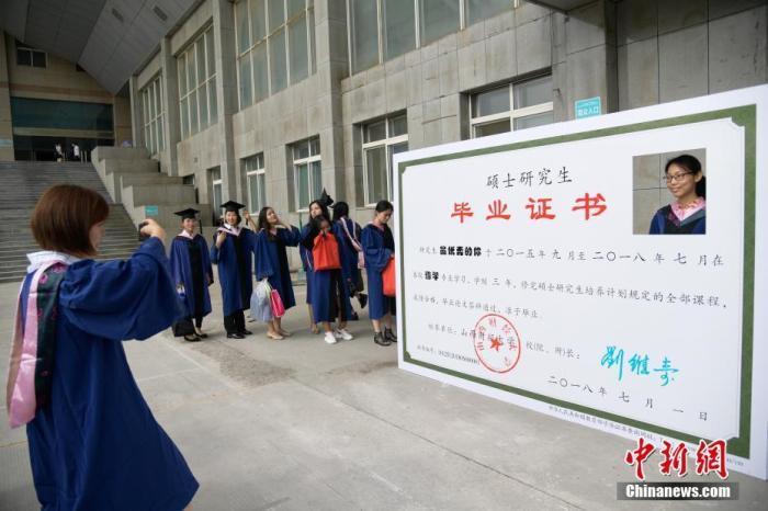 资料图:毕业生在创意毕业证书背景板后排队留影.中新社记者 武俊杰 摄