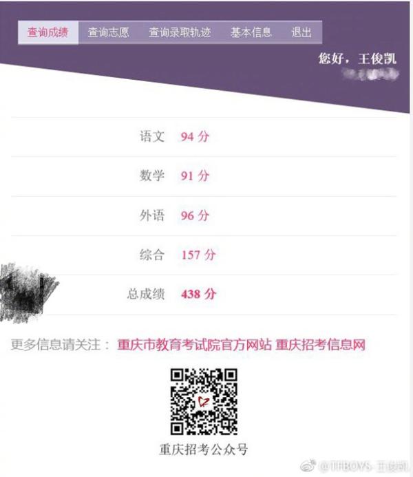 王俊凯高考438分晒成绩单证实 超过重庆文史类