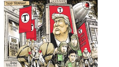 美国政治漫画,讽刺特朗普政府纵容新纳粹分子排外活动