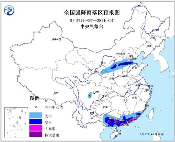 全国强降雨落区预报图(8月27日08时-28日08时)