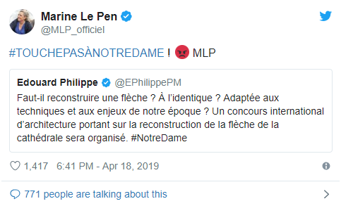 Marine Le Pen：#不要碰巴黎圣母院！（愤怒脸）