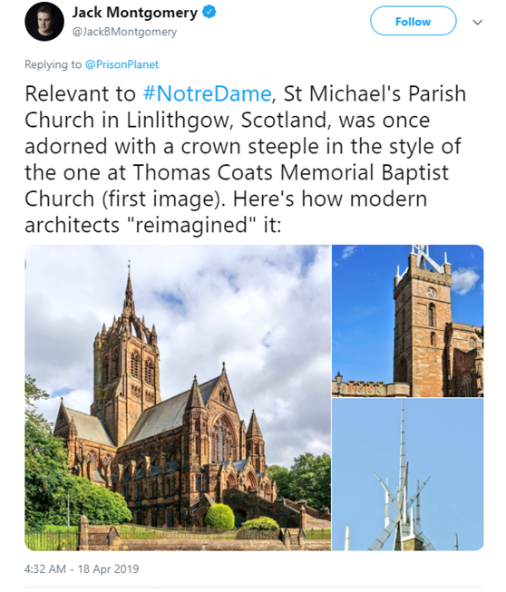 Jack：和#巴黎圣母院类似，苏格兰的圣迈克尔教区教堂曾经有着一座皇冠尖顶（图一），然后就被人们用现代建筑改成了这样（图二）（图三尖顶放大图）