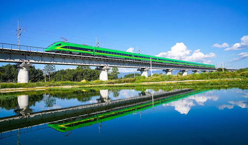 1中老铁路中国段，复兴号动车组飞驰在西双版纳州橄榄坝大桥上。 杨林摄