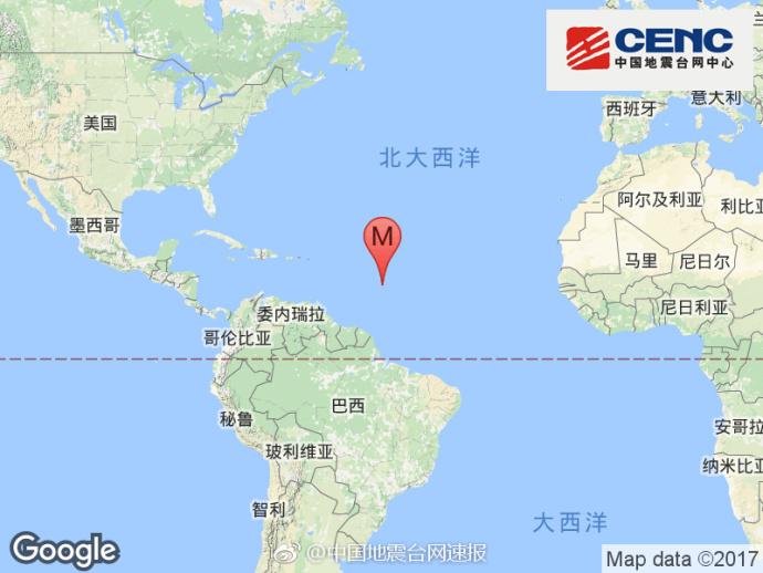 北大西洋附近发生58级地震震源深度20千米