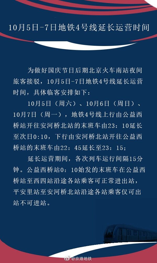 为做好火车南站夜间旅客接驳 10月5日-7日北京地铁4号线延长运营时间