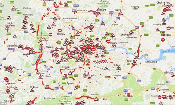 地图显示的拥堵地点和路段.