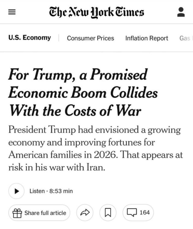 全球媒体聚焦 | 美媒:美国经济繁荣愿景因对伊战争而岌岌可危_fororder_1