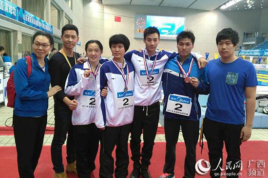 获奖运动员(左3至左6依次为冯君阳,江立航,赵先建,张恒)与教练合影