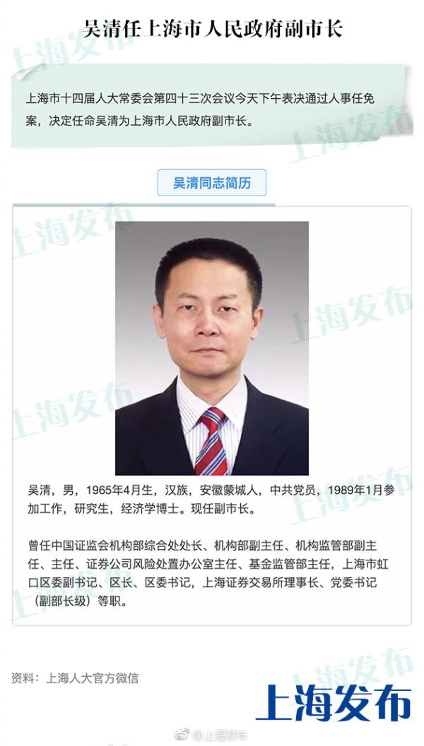 上海市人大常委会会议决定任命吴清为上海市副市长
